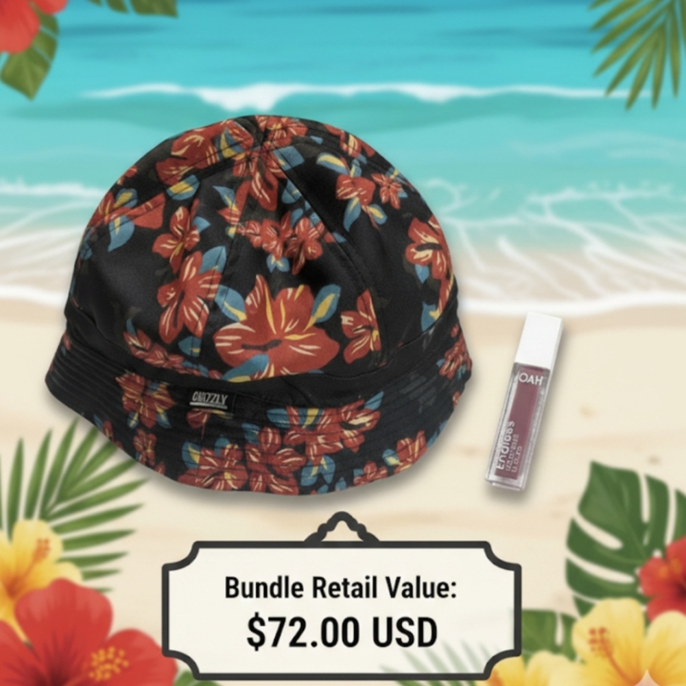 REVERSIBLE Grizzly Griptape Tropical Bucket Hat & JOAH Lip Color Bundle
